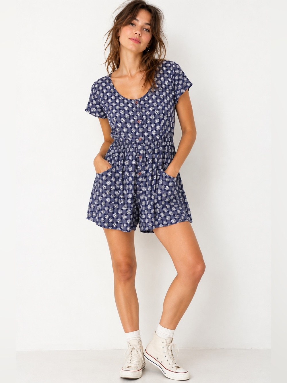 Runaway Bay Blue Floral Button Front Romper Made in Canada L/G